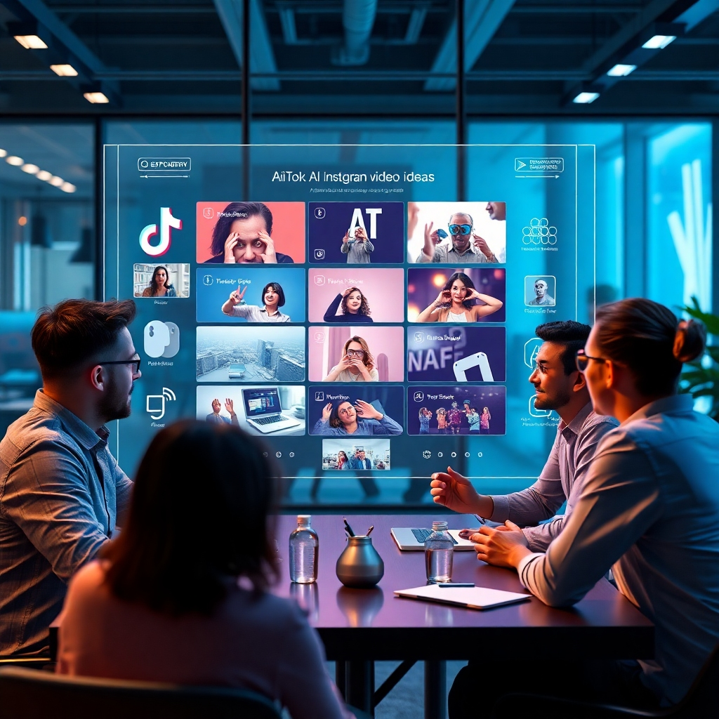  A photorealistic image showing a brainstorming session with a team using a holographic screen displaying AI-generated video ideas for TikTok, Instagram Reels, and YouTube Shorts. Ideas include product demos, tutorials, and funny skits. The background should be modern and innovative.