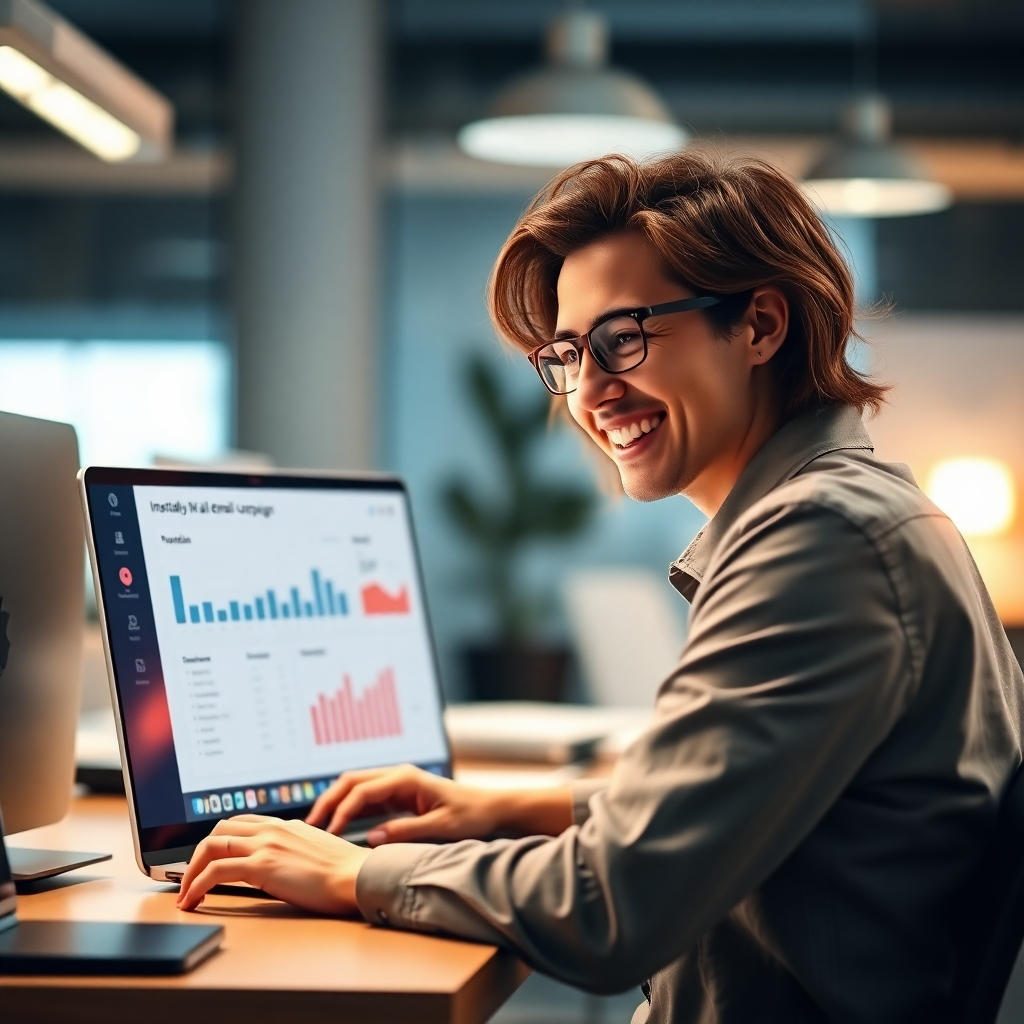A photorealistic image showing a busy professional smiling while looking at a laptop screen displaying the Instantly AI dashboard. The dashboard should clearly show automated email campaign statistics and progress. The background should subtly suggest a modern, productive workspace, and the overall mood should be one of efficiency and stress-reduction.