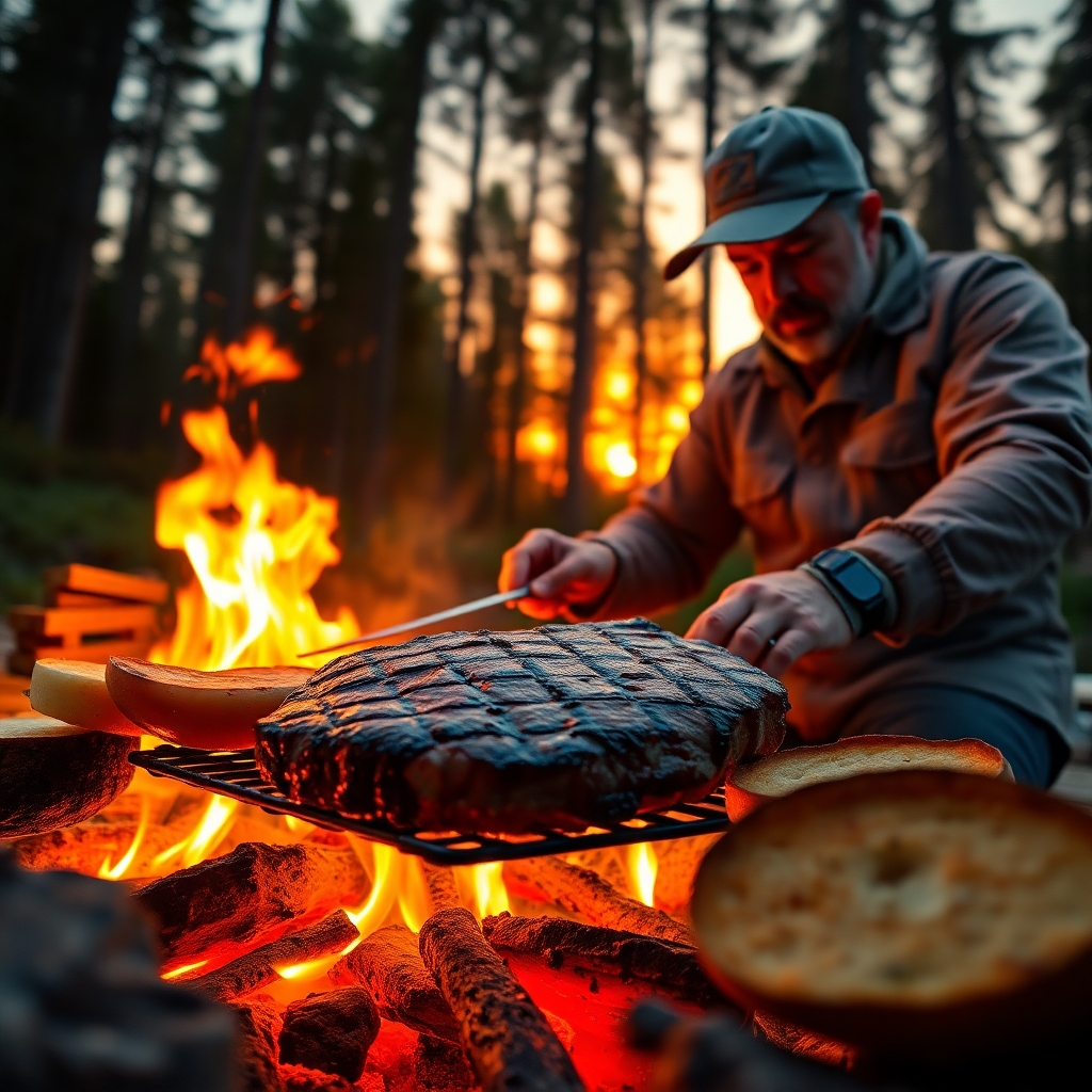 A photorealistic, ultra-high-definition (8K resolution) image depicting a master chef expertly cooking a gourmet camping meal over a crackling campfire.  The scene is set at dusk, bathed in the warm, golden light of the setting sun. The color palette is rich and earthy, with deep oranges, reds, and browns dominating the scene.  The chef, wearing rugged yet stylish camping attire, is using specialized campfire cooking equipment.  The main focus is on the food; a perfectly seared steak, accompanied by grilled vegetables and crusty bread.  The background includes a lush forest setting, with tall trees silhouetted against the fiery sunset. The camera angle is a slightly low, dynamic shot, emphasizing the action and the flames. The texture of the food should be highly detailed, with visible grill marks and juicy textures. The scene's mood is one of rustic elegance and adventurous cooking.  The overall style is reminiscent of National Geographic photography, emphasizing high fidelity and sharp detail. The image should be hyperrealistic, with a focus on ultra-detailed textures and lighting effects. The image should also include soft diffused lighting to complement the warmth of the firelight.