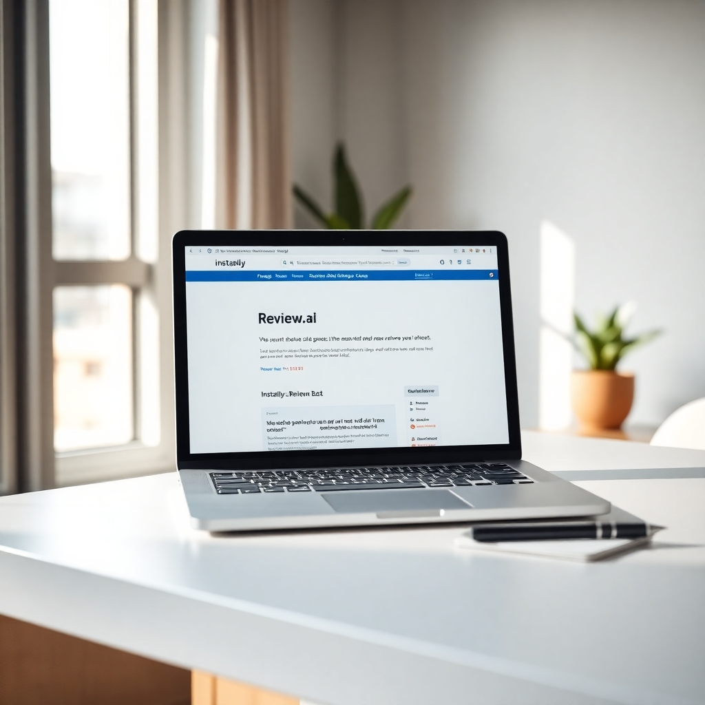 A photorealistic, ultra-high-definition 8K image depicting a clean, modern laptop displaying the Instantly.ai website showing a positive review, bathed in soft, diffused natural light from a large window to the side.  The laptop is positioned on a sleek, white minimalist desk with a few subtly placed office supplies like a pen and notepad.  The background is blurred, showing a contemporary office space with muted earth tones and stylish plants. The image should evoke a feeling of professionalism, trust, and success. The color palette consists of calming blues, greens, and whites.  The camera angle is slightly elevated, looking down at the laptop. The texture of the laptop should be smooth and reflective, while the desk is smooth and matte. The image should be rendered with hyperrealistic detail, capturing the subtle textures of the wood grain and the sheen of the laptop screen, in the style of Annie Leibovitz photography. The overall mood should be one of calm productivity and positive achievement, emphasizing trust and reliability.  The image is to be highly detailed, showcasing the crisp quality of the review text and the sleek design of the Instantly website.