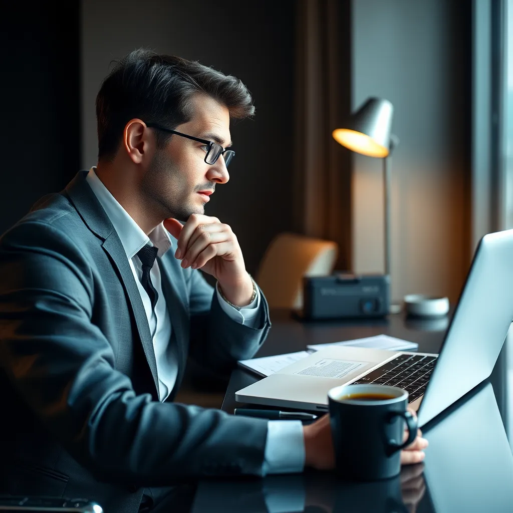 A scene depicting a professional, dressed in business attire, sitting at a desk with a laptop and a cup of coffee. They are looking at their laptop screen, which shows an email from a client, and a thoughtful expression on their face. The overall tone should be professional, warm, and engaging.