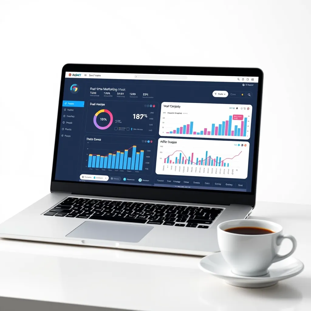 A sleek, modern laptop displaying a user-friendly dashboard with charts, graphs, and data visualizations. The dashboard shows real-time performance metrics related to affiliate marketing campaigns. The background is a clean white, reflecting the simplicity of the system. The laptop is placed on a minimalist desk with a cup of coffee nearby, symbolizing effortless automation and passive income.