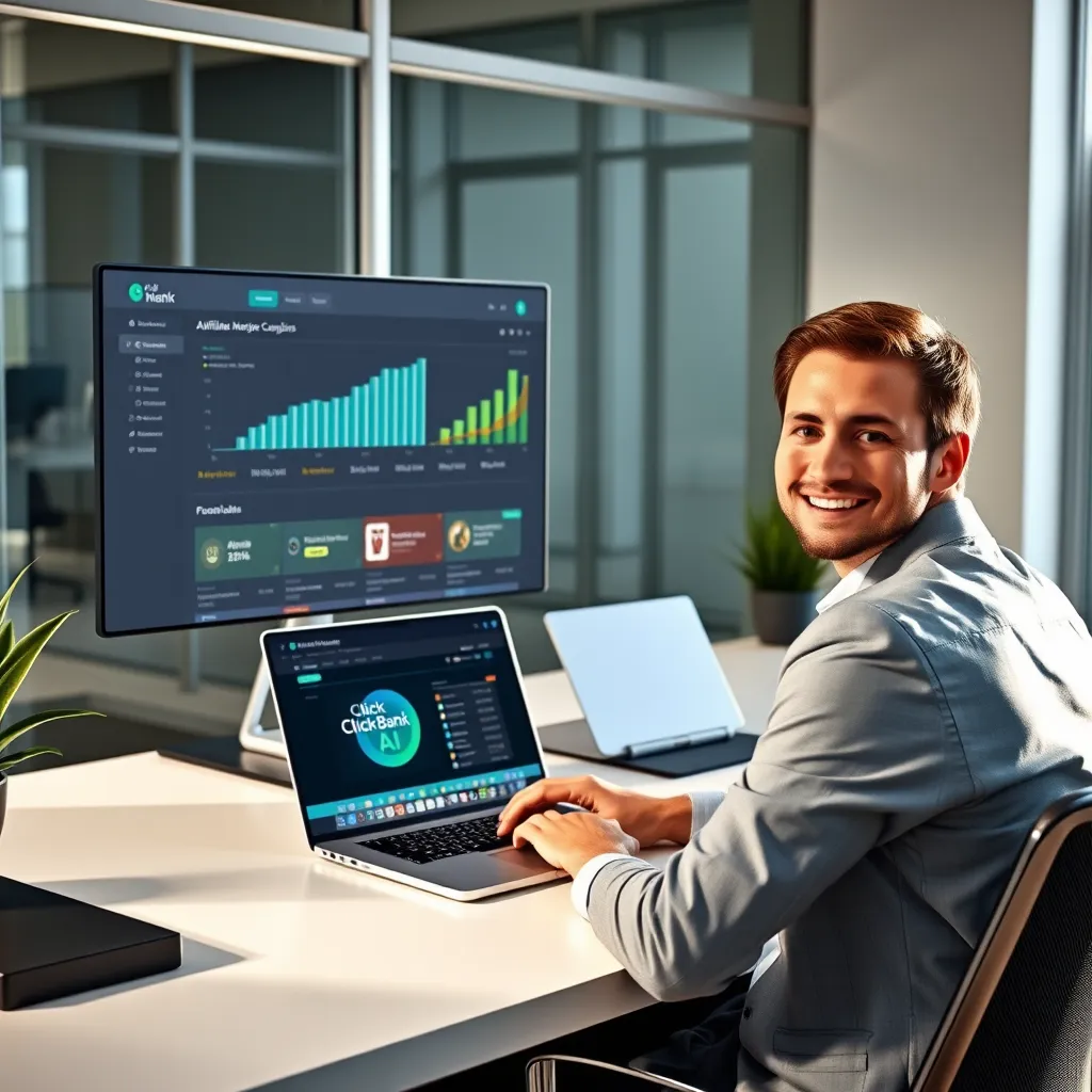 A sleek, modern office space with a person sitting at a desk in front of a laptop. The screen displays a dashboard with charts and graphs showing successful affiliate marketing campaigns. The lighting is bright and natural, creating a clean and professional atmosphere.  The laptop is open to show a website like ClickBank with various affiliate offers, including a 'Click N' Bank AI' logo. The person is wearing professional attire and is smiling, showcasing the ease and success of using the software. The image should be in a hyperrealistic style with high detail and 8K resolution.  