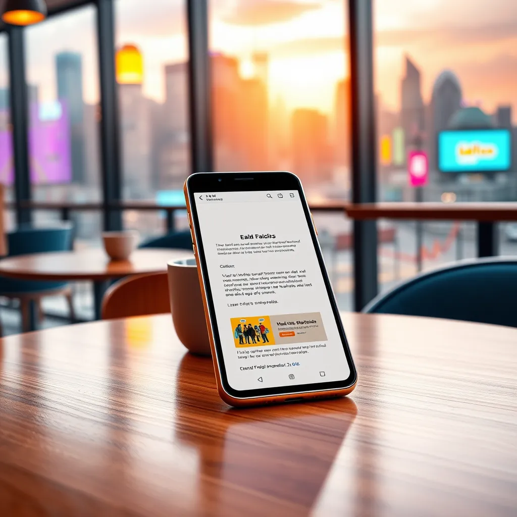 A sleek, modern phone with a bright, interactive email message displayed on the screen. The email is visually appealing, with a clear call to action and engaging content. The phone rests on a polished, wooden table in a contemporary coffee shop. Behind the phone, a vibrant, urban cityscape stretches out, representing a bustling, connected world. The image is rendered in a photorealistic style with a vibrant color palette and a sense of dynamism, reflecting the power of email marketing in the digital age.