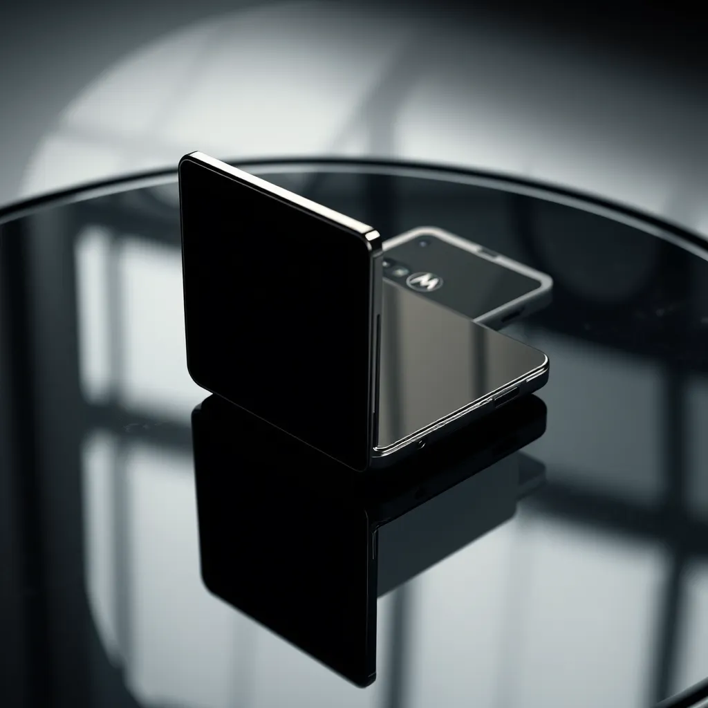 A striking, high-resolution image showcasing the Motorola Razr 2024's sleek design and key features.  The phone is positioned on a sleek black table with a clear glass top, reflecting the surrounding light. The camera captures the phone from a slightly elevated angle, emphasizing the hinge mechanism and the large cover screen.  Use dynamic lighting to create a sense of depth and highlight the phone's metallic finish.  The image should evoke a sense of sophistication and modern technology.