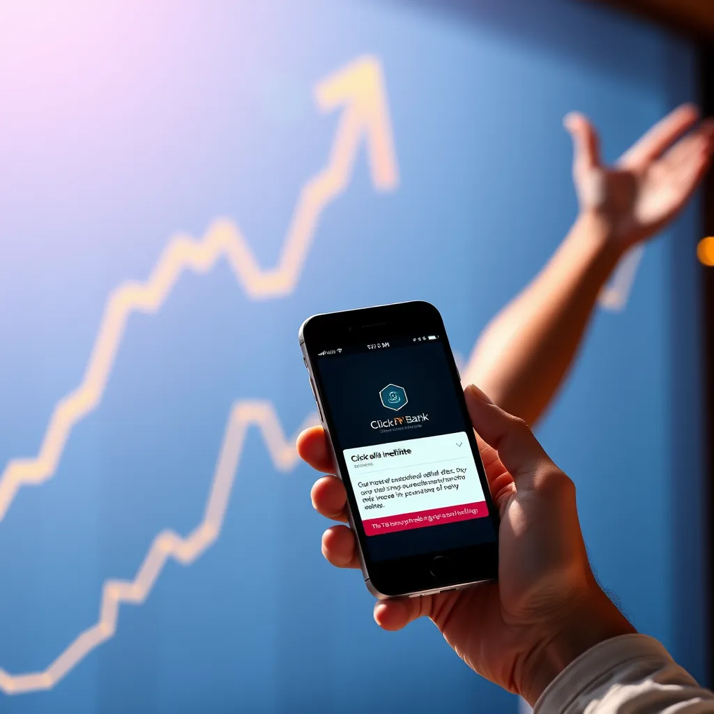 A stylized graph depicting a steady upward trend of income generated through Click N' Bank AI, alongside a close-up shot of a person celebrating and holding a smartphone with a notification showing a successful affiliate sale, indicating a positive financial outcome.