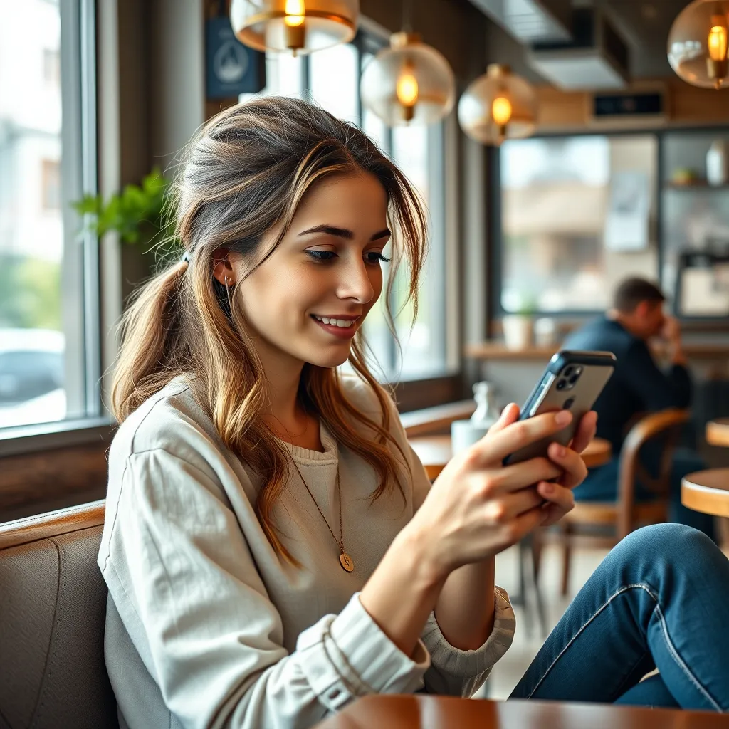 A vibrant, photorealistic image showcasing the Motorola Razr 2024 in a realistic everyday setting.  A young woman is casually using the phone to browse the internet, take a photo, or make a call. The scene takes place in a cozy coffee shop with soft, natural lighting. The phone is subtly integrated into the scene, showcasing its practicality and user-friendly interface.  The image should capture a sense of warmth and connection, emphasizing the phone's ability to enhance daily activities.  Style reference: Annie Leibovitz. Ultra-detailed, 8K resolution.