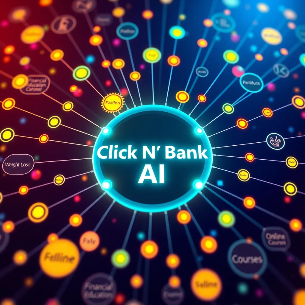 A vibrant infographic depicting a network of interconnected dots, representing ClickBank affiliate offers. The center of the network is labeled 'Click N' Bank AI' and surrounded by numerous products and services, including 'Weight Loss', 'Financial Education', and 'Online Courses', all connected by lines representing potential affiliate commissions.