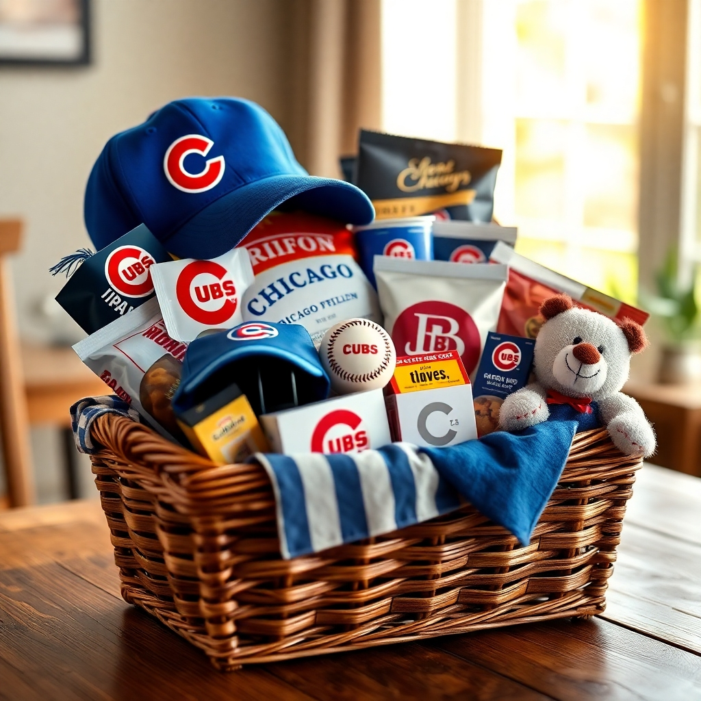 An ultra-high definition (8K), photorealistic image depicting a luxurious Chicago Cubs themed gift basket. The basket is overflowing with an array of high-quality items including a miniature Wrigley Field replica, a signed baseball, a Cubs hat, various Cubs-branded snacks, and a plush Cubs mascot.  The lighting is warm and inviting, with soft, diffused light highlighting the textures and colors of each item.  The overall color palette is predominantly the Chicago Cubs’ blue and red, accented by the natural colors of the wooden basket and the snacks. The mood is joyful and celebratory. The camera angle is slightly elevated, providing a clear view of the contents.  The basket sits on a rustic wooden table in a sun-drenched room, with a blurred background suggesting a cozy home environment.  The style is reminiscent of lifestyle photography found in upscale home magazines, focusing on details and texture. The image should have an ultra-detailed resolution, emphasizing the realistic texture of the wood, fabric, and snack items.  The image is hyperrealistic, evoking a sense of luxury and care in the curation of the gift basket.