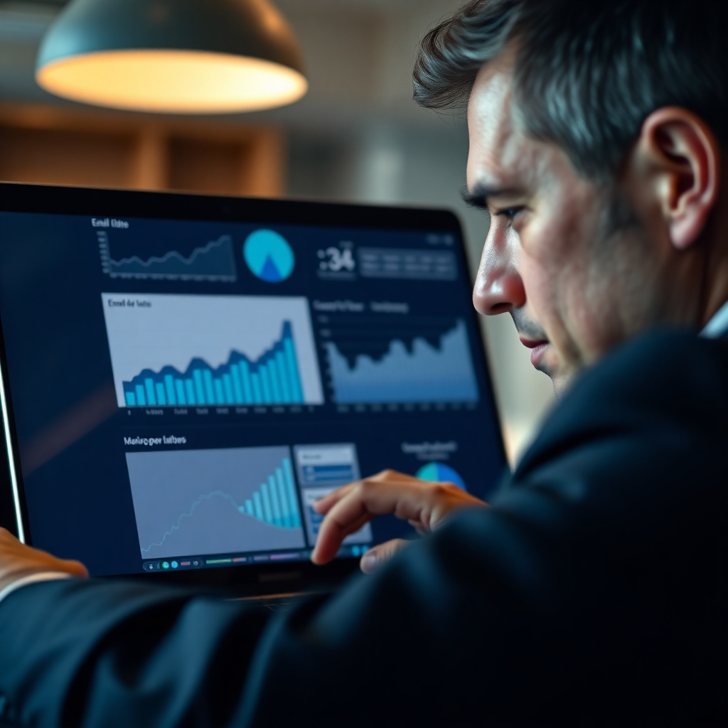 An ultra-high-resolution 8K image showcasing a close-up of a professional,  well-dressed person (30-40 years old) intently studying a laptop screen displaying data charts and graphs related to email open rates and conversion analysis. The data is prominently featured and presented clearly. The setting is a modern office with soft, warm lighting, creating a professional yet approachable atmosphere.  The color palette is sophisticated, using cool blues and greens for the data, balanced with warm wood tones in the background. The background is slightly blurred, revealing a well-organized modern office space.  The image should use a shallow depth of field, focusing sharply on the person's face and the screen, creating a professional and serious mood. The texture of the person's clothing is highly detailed, suggesting quality and attention to detail. The overall mood is one of deep concentration, analytical precision, and strategic planning. The scene is hyperrealistic and shot from a slightly low angle to emphasize the importance of the analysis. Inspired by the style of Steve McCurry's portrait photography.  Focus on the details and depth, showing the richness and accuracy of the data presented on the screen.