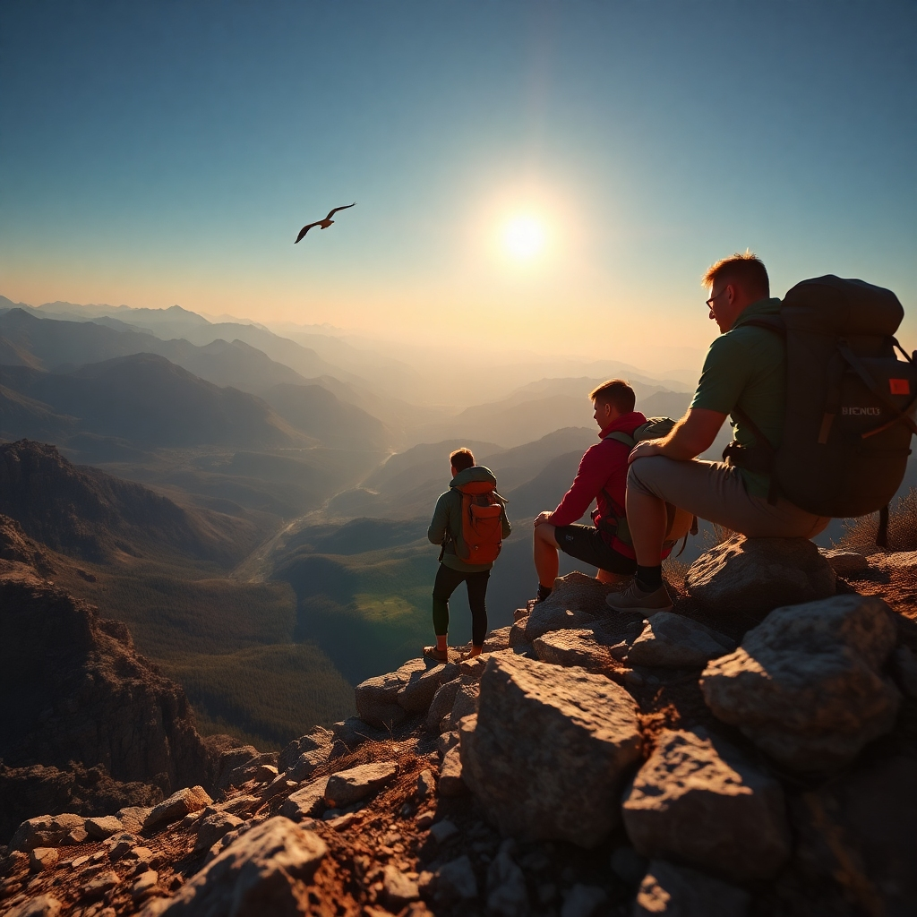 An ultra-high-resolution, photorealistic image, 8K resolution.  The scene showcases a group of three hikers enjoying a break during a backpacking adventure. They are situated on a rocky mountain ridge overlooking a breathtaking valley.  The lighting is dramatic, with the sun casting a warm glow on the hikers and their surroundings.  The color palette is intense, including deep blues from the sky, vibrant greens from the lush valley, and the earthy browns and grays of the rocks. The image focuses on texture and detail, showcasing the rough texture of the rocks, the worn fabric of the backpacks, and the sweat beading on the hikers' faces. The camera angle is a low-angle shot, emphasizing the vastness of the landscape and the hikers' small size within it.  The overall mood is adventurous and exhilarating.  The image is inspired by the style of Ansel Adams, emphasizing dramatic contrasts and a sense of scale.   Environmental elements such as eagles soaring overhead, and distant mountain ranges add to the scale of the image. Small details like a well-worn trail and subtle textures in the foreground add realism.  The image should evoke a sense of awe and wonder, while maintaining a realistic style.