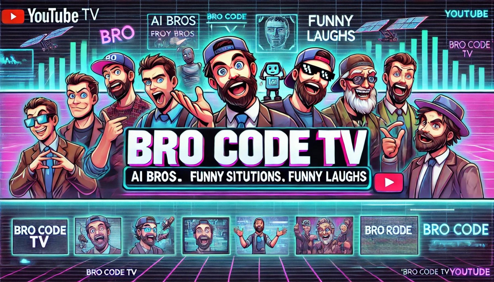 Create a photorealistic, ultra-high-quality 8K resolution image for the header of the Bro Code TV YouTube channel.  The image should depict three AI-generated characters, resembling stylish, modern bros in their late 20s to early 30s, caught in a hilariously unexpected situation.  Imagine a scene full of vibrant energy, maybe mid-action in a comedically chaotic scenario, like one bro accidentally setting off a firework indoors, another frantically trying to stop him, and the third looking on in stunned disbelief. The lighting should be bright, playful, and slightly overexposed in places to add to the comedic effect, maintaining a generally warm color palette with pops of neon color accents. The camera angle should be dynamic and slightly low, emphasizing the height of the characters and the absurdity of the scene.  High-detail textures are crucial: sharp, slightly glossy hair and clothes, realistic skin, and detailed environments.  The environment could be a modern, stylish apartment, emphasizing the 'bro' aesthetic.  Relevant props like video game consoles, empty pizza boxes, and perhaps some scattered tech gadgets could add to the scene.  The overall style should evoke a sense of modern, stylish, comedic action, referencing the vibe of popular YouTube channels like Dude Perfect or Corridor Crew. The scene should clearly communicate the fun and comedic nature of Bro Code TV.