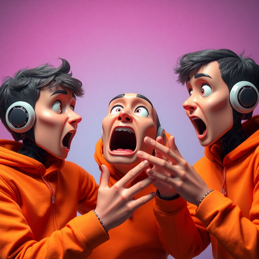  Create a 4K image with a stylized, slightly surreal effect showing a moment of unexpected surprise. The AI bros could be reacting to something unbelievable, with exaggerated expressions and poses. The colors should be bold and eye-catching, emphasizing the comical element of the surprise.
