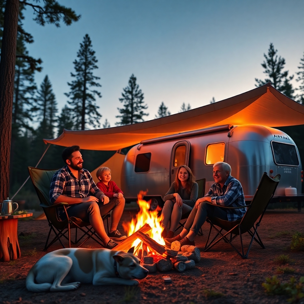 Create a photorealistic, ultra-high definition (8K resolution) header image for a camping business.  The image should feature a hyperrealistic depiction of a family of four (two adults, two children) smiling and laughing around a crackling campfire at twilight. They are sitting on comfortable camping chairs near a luxurious, spacious canvas tent with a large awning, and a vintage Airstream trailer is subtly visible in the background. The lighting should be warm and inviting, with the glow of the campfire illuminating the family's faces and casting long shadows. The color palette should be rich and earthy, with deep blues and oranges in the twilight sky, contrasted by the warm light of the fire and the natural greens and browns of the surrounding forest. The camera angle should be slightly elevated, looking down on the scene from a moderate distance, creating a sense of intimacy and warmth.  The textures should be highly detailed, showcasing the rough texture of the tree bark, the soft texture of the canvas tent, the smooth metal of the Airstream, and the flickering flames of the campfire. Environmental elements include a lush forest setting, with tall pine trees partially silhouetted against the twilight sky.  The mood is one of pure joy, relaxation, and connection with nature. Style references include the works of National Geographic photographers and classic American advertising photography.  Props include comfortable camping chairs, a well-stocked camping table with mugs and a coffee pot, and a playful dog lounging nearby.  The overall image should evoke a feeling of warmth, adventure, and unforgettable family memories.  Focus on exquisite detail and hyperrealistic rendering, maximizing the visual appeal., ultra high resolution, photorealistic, 8K, hyperdetailed, cinematic lighting
