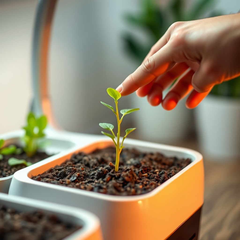 Create a photorealistic image depicting a hand gently placing a seedling into a smart indoor gardening system. The background is softly blurred, highlighting the clean, modern design of the system and the vibrant green of the seedling. The lighting is soft and warm, emphasizing the care and attention involved in indoor gardening. Focus on the texture of the soil and the delicate nature of the plant. 4k resolution.