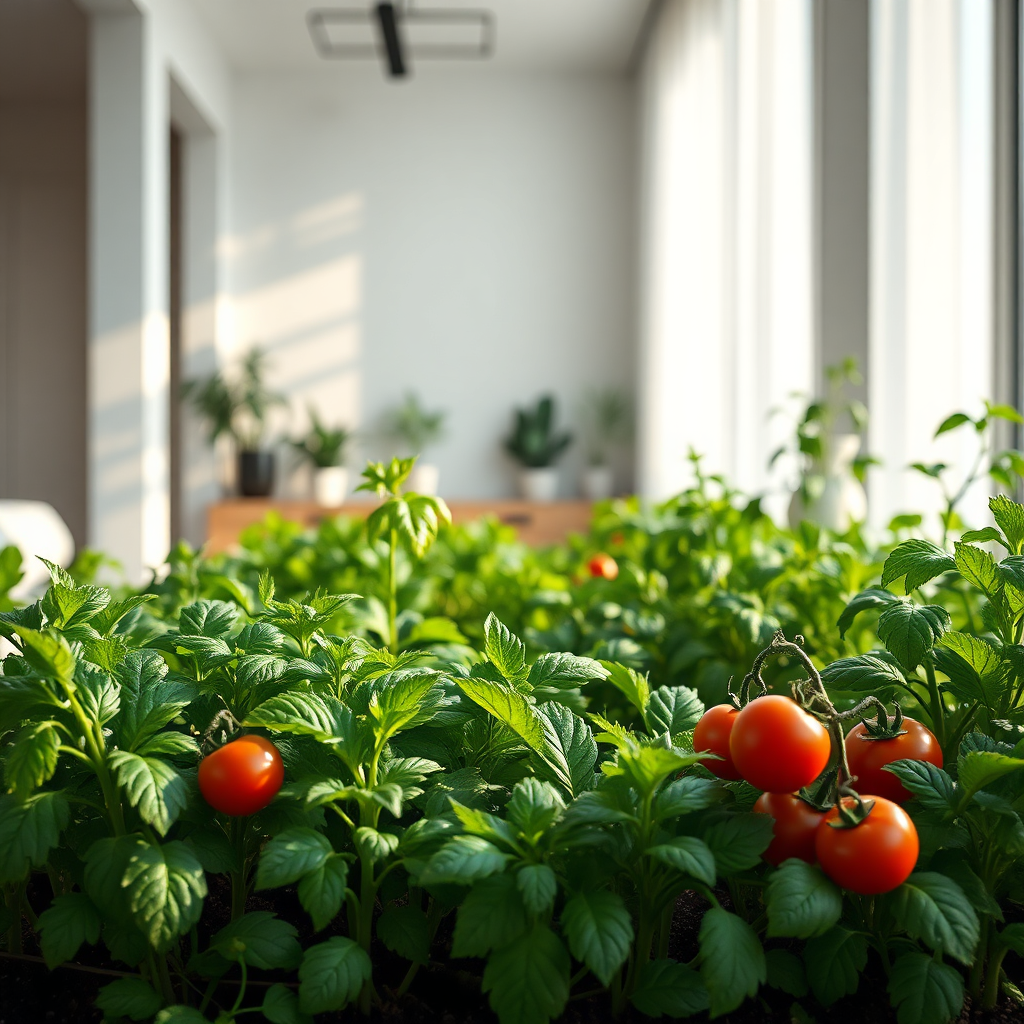 Create a photorealistic, ultra-high-quality 8K image. The scene depicts a modern, minimalist apartment interior bathed in soft, natural light. In the foreground, a thriving indoor garden flourishes, featuring leafy greens, vibrant herbs, and ripe red tomatoes growing in smart gardening systems, hydroponic setups, and stylish self-watering planters. The focus is on the lush greenery and the healthy produce. The camera angle is a slightly low, wide shot to emphasize the abundance and freshness. The color palette is dominated by greens and earthy tones, accented by pops of red and the sleek metallic and white finishes of the gardening systems. Textures are rich and detailed, highlighting the dew drops on the leaves, the soil, and the smooth surfaces of the planters. The overall feeling is one of abundance, health, and modern sustainability. The style is hyperrealistic, aiming for maximum visual impact.