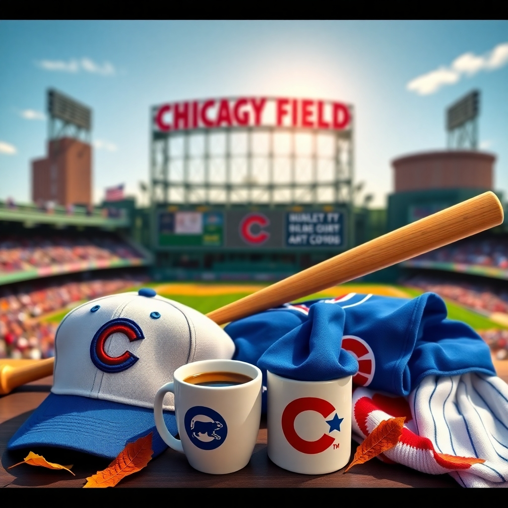 Create a photorealistic, ultra-high quality 8K resolution header image for a Chicago Cubs gift website.  The image should feature a vibrant, sun-drenched Wrigley Field in the background, slightly blurred to emphasize the foreground. In the foreground, showcase a carefully arranged selection of Chicago Cubs gifts: a classic Cubs hat, a vintage-style baseball bat, a personalized Cubs jersey, a Wrigley Field miniature model, and a Cubs-themed mug filled with coffee.  The lighting should mimic a warm, sunny afternoon in Chicago, with soft, natural light illuminating the gifts and casting gentle shadows. The color palette should evoke classic baseball nostalgia – deep blues, bright reds, and crisp whites, with pops of earthy tones from the wooden bat. The overall mood should be cheerful and inviting, conveying a sense of excitement and tradition. The camera angle should be slightly high, looking down at the gifts, creating a dynamic composition.  The textures should be highly detailed: the soft knit of the hat, the worn grain of the wooden bat, the smooth surface of the mug, and the fine stitching of the jersey. The material details must be rich and tactile, making the gifts feel like they could be reached out and touched.  Include subtle environmental elements like a few fallen autumn leaves, suggesting the setting is a crisp fall day. The style should reference classic American advertising photography from the mid-20th century, with clean lines and a focus on product presentation. The final image should be hyperrealistic, featuring impeccable detail and depth of field, emphasizing the quality of the gifts., ultra high resolution, photorealistic, 8K, hyperdetailed, cinematic lighting