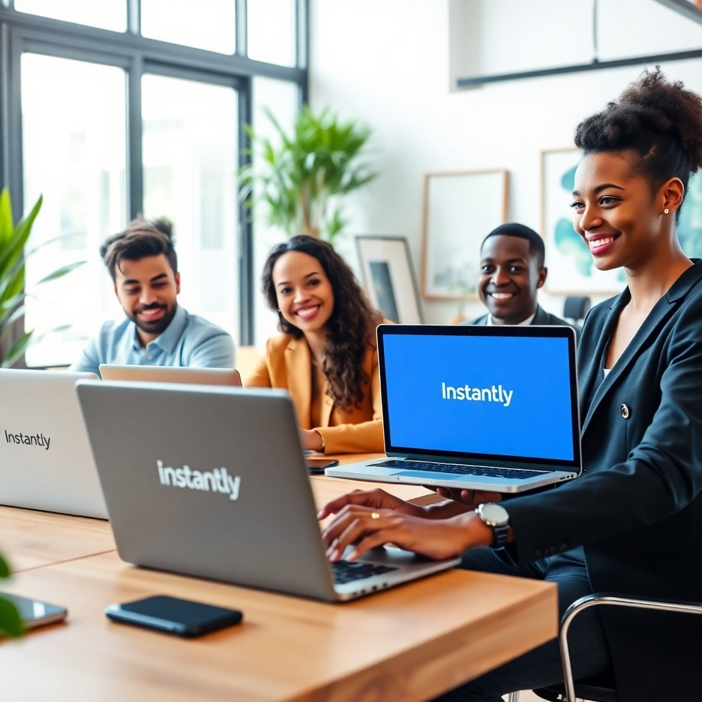 Create a photorealistic, ultra-high-definition (8K resolution) header image for a website review of Instantly cold email marketing software.  The image should feature a diverse group of three to four professionals, appearing happy and successful, working collaboratively on sleek laptops in a modern, brightly lit coworking space. The lighting should be natural and soft, with large windows allowing ample sunlight. The color palette should be vibrant yet professional, focusing on calming blues and greens accented with warm, natural wood tones.  The camera angle should be a slightly elevated medium shot, providing a clear view of the individuals and their laptops while also showcasing the stylish coworking space. The laptops should clearly display the Instantly logo on their screens. The textures should be highly detailed – smooth glass and metal of laptops contrasting with the natural wood grain of desks and the soft texture of comfortable office chairs.  Environmental elements include plants, stylish artwork, and modern minimalist furniture. Props could include a few subtly placed smartphones and coffee cups. Background details should be blurred slightly to keep focus on the individuals. The overall mood should be upbeat, collaborative, and professional. The style should reference modern, minimalist office photography, with a touch of aspirational lifestyle imagery. The image should be hyperrealistic, focusing on sharp details and realistic material rendering. The final image should convey the message that Instantly helps professionals achieve success through streamlined and effective cold emailing., ultra high resolution, photorealistic, 8K, hyperdetailed, cinematic lighting