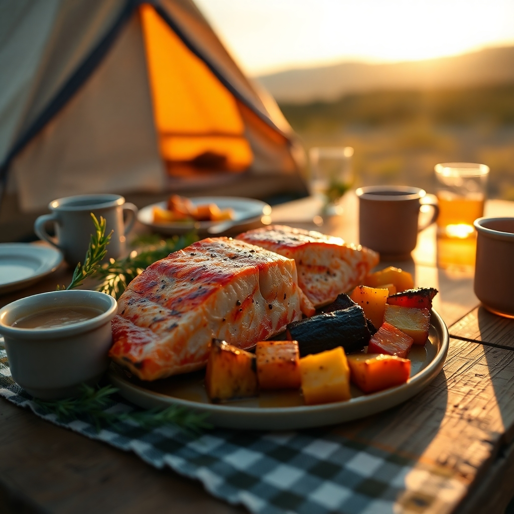 Create a photorealistic, ultra-high definition (8K resolution) header image depicting a heartwarming camping scene at golden hour. The main focus is on a beautifully arranged camping meal: grilled salmon with roasted vegetables on a rustic wooden table. The salmon should be glistening with oil, exhibiting a perfect sear, and the vegetables should look vibrant and slightly charred.  The table is set with enamelware plates and cups, a simple checkered tablecloth, and a few sprigs of fresh rosemary. In the background, a softly blurred tent is partially visible under a clear sky, with the warm glow of the setting sun casting long shadows. The overall color palette should be warm and inviting, with golden hues dominating the scene, complemented by the greens of the rosemary and the vibrant colors of the vegetables.  The camera angle should be slightly elevated, capturing the scene from a comfortable viewpoint. The image should have a shallow depth of field, emphasizing the meal and creating a sense of intimacy. Textures should be highly detailed: the rough texture of the wood, the smooth skin of the salmon, the slightly rough texture of the vegetables. The lighting should be soft and diffused, mimicking natural golden hour light. The overall style should evoke a sense of peace, warmth, and deliciousness, similar to the work of renowned food photographers like Michael Piazza or Michael Graydon.  Include subtle atmospheric perspective to enhance depth and realism. The image should feel hyperrealistic and detailed, emphasizing the textures and colours for a mouth-watering effect., ultra high resolution, photorealistic, 8K, hyperdetailed, cinematic lighting