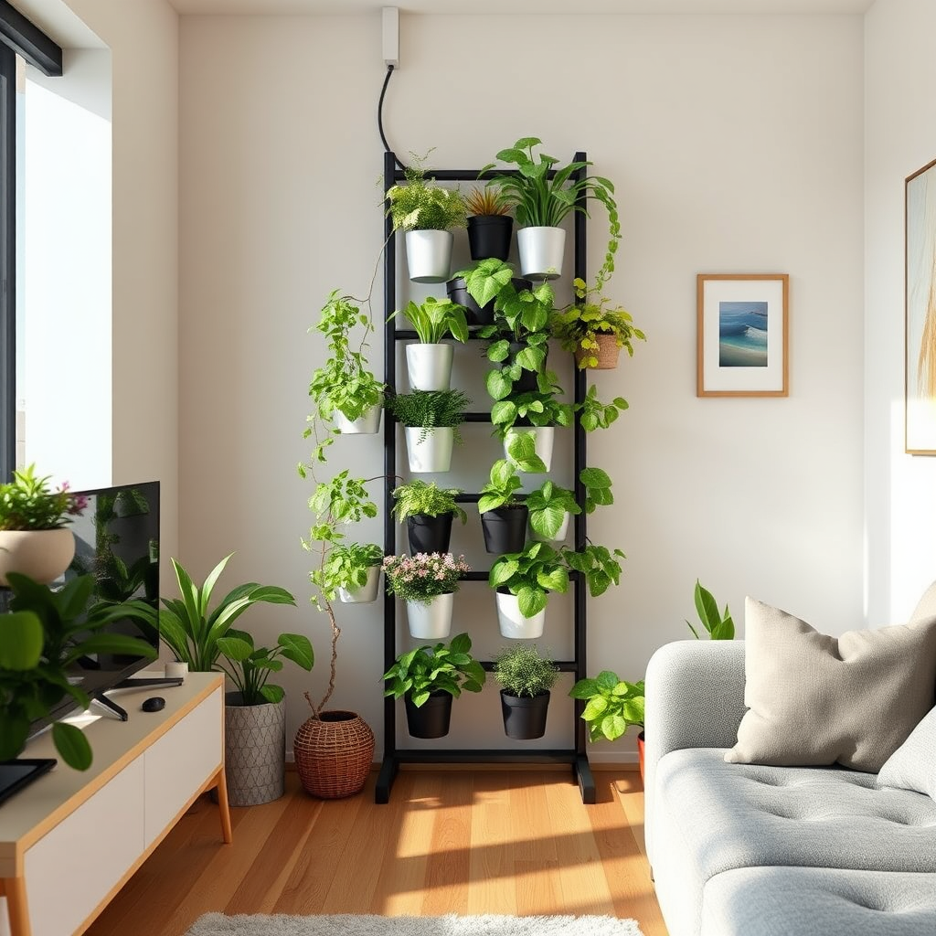 Create an image showcasing an EWUGI vertical gardening system in a small apartment, demonstrating how efficiently it utilizes space. The system should be filled with thriving plants, and the apartment should feel cozy and inviting. 4k resolution, photorealistic.
