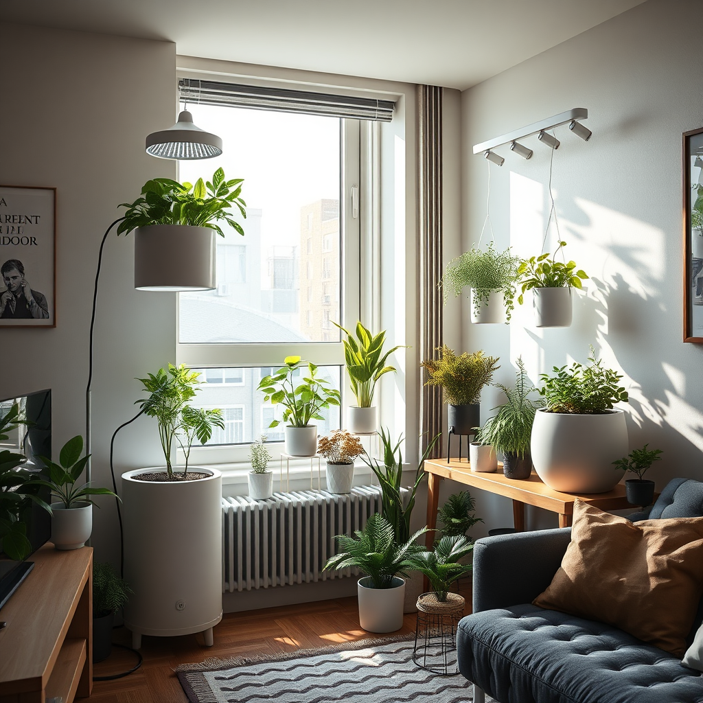 Create an image showcasing various EWUGI indoor gardening systems integrated seamlessly into a modern apartment. Highlight the eco-friendly aspect of the setup, with plants thriving and sunlight streaming through the window. The scene should exude a sense of calm, sustainability, and modern design. 4k resolution, photorealistic.