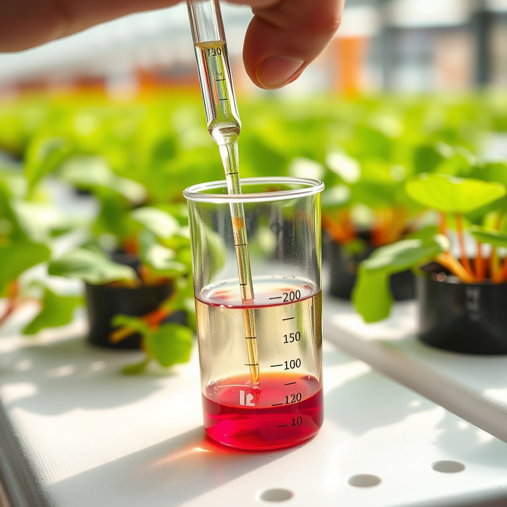Depict a close-up shot of nutrient solutions being carefully measured and added to a hydroponic system. Emphasize the precision and care involved in nutrient management. The colors should be vibrant and the lighting should be bright. 4k resolution, photorealistic.