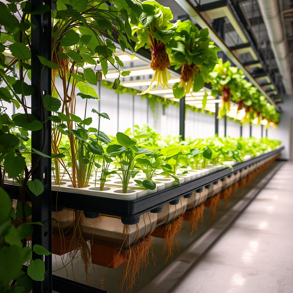 Depict a high-yield hydroponic system with a thriving variety of plants. The system is clean and efficient, with visible root systems and nutrient solutions. 4K, photorealistic.
