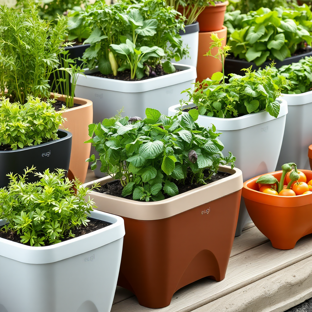 Depict a variety of EWUGI self-watering planters filled with different herbs and vegetables. The planters should be stylish and functional, and the plants should look healthy and vibrant. Emphasize the ease and convenience of self-watering. 4k resolution, photorealistic.