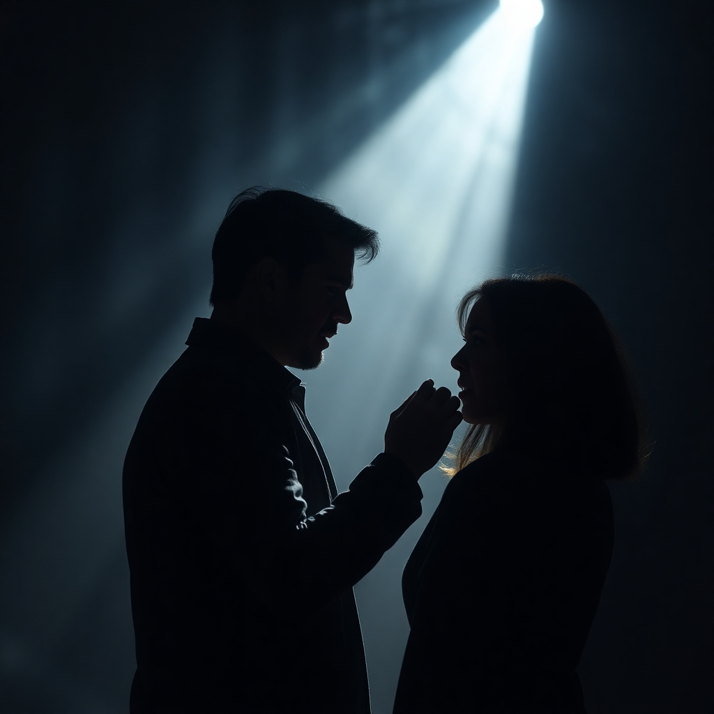 Generate a 4K image highlighting a significant plot twist moment from one of our skits.  Employ dramatic lighting and suspenseful composition to convey intrigue and surprise.