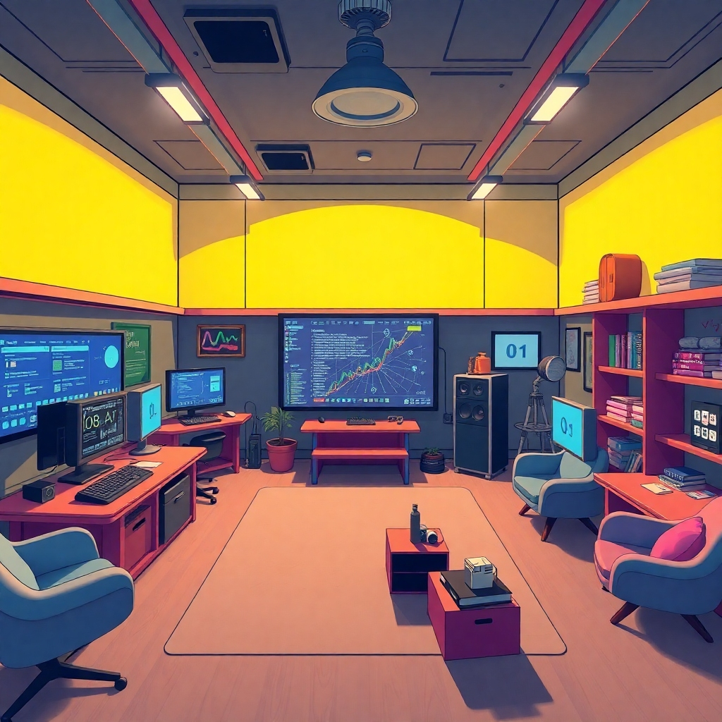Generate a 4K image portraying the unique atmosphere of Bro Code TV.  This might include a mix of animation frames and behind-the-scenes glimpses, emphasizing AI tools and the creative process.