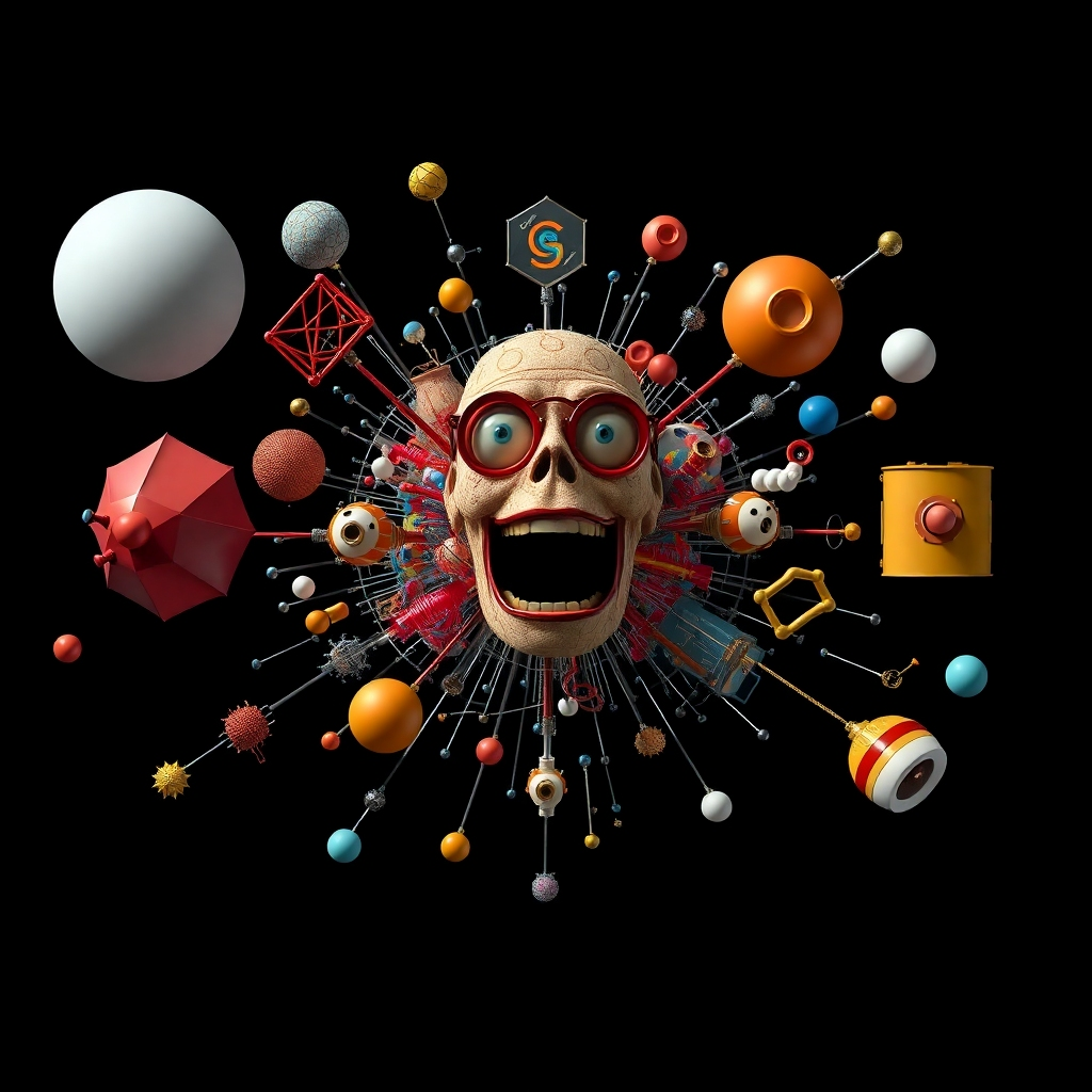 Generate a 4K image showcasing the AI's comedic process. Show abstract shapes and algorithms morphing into funny images and scenarios, creating a visually interesting and engaging image.