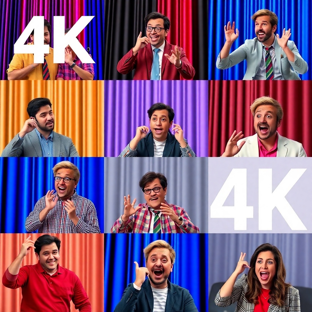 Generate a 4K image with a collage-like composition showing different funny moments from our AI-generated skits, using vivid colors and dynamic compositions to convey humor and excitement.