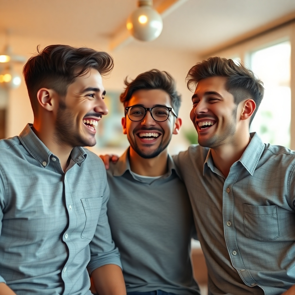  Generate a 4K photorealistic image focusing on three AI bros sharing laughter, clearly enjoying themselves. The scene should be candid, natural, with genuine reactions and happy expressions. The lighting should be warm and inviting, creating a relaxed and fun atmosphere.