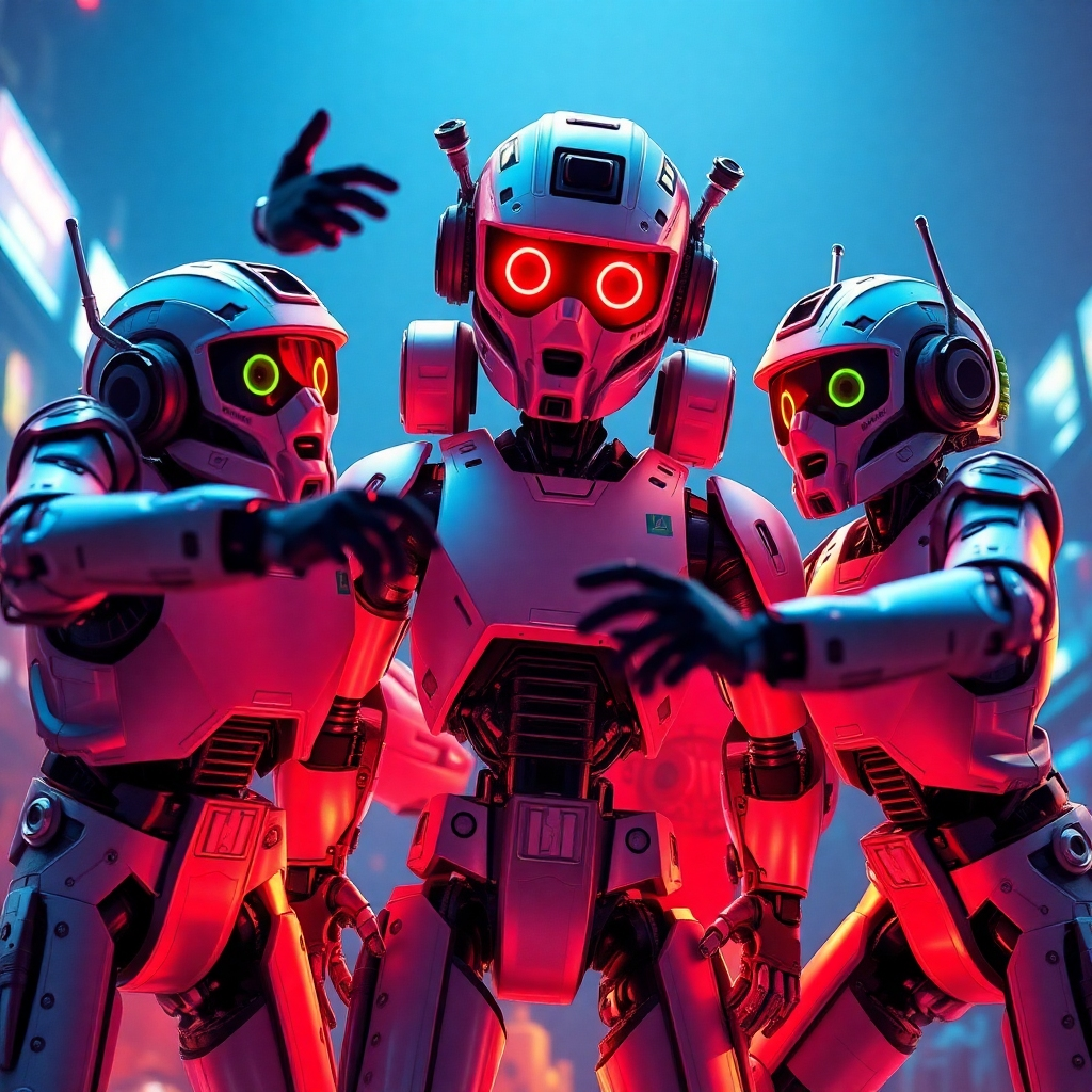  Generate a 4K photorealistic image depicting three AI bros in a ridiculously funny situation, maybe involving a malfunctioning robot or a ridiculously oversized prop. The scene should be dynamic and action-packed, full of comical expressions and exaggerated movements. The lighting should emphasize the action and highlight the comical elements. Use a vibrant color palette to capture the energy of the scene.