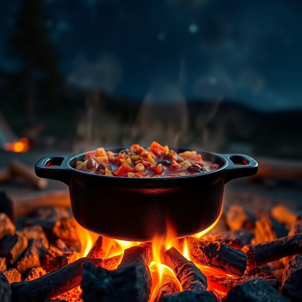 Photorealistic image of a cast iron dutch oven sitting on glowing embers of a campfire, filled with a steaming, rich, and chunky chili.  The chili should have visible ingredients like beans, ground beef, tomatoes, and onions.  The background should feature a slightly blurred, idyllic campsite scene under a starry night sky. The dutch oven's surface should appear warm and slightly blackened from the fire, showcasing its rustic charm.  Steam gently rising from the chili adds to its appeal.