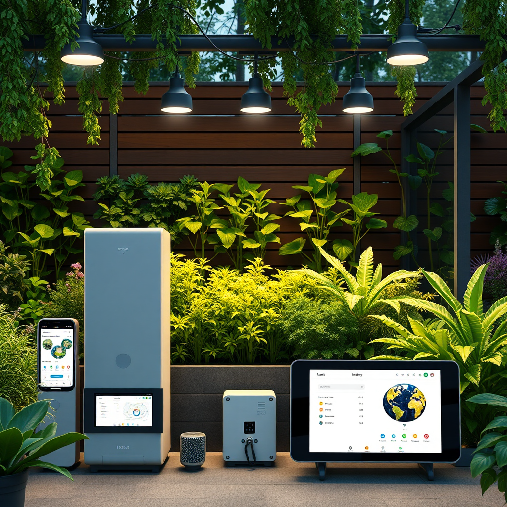 Showcase a smart garden system with automated features. The system is sleek and modern, with integrated lighting and monitoring displays. Focus on the technology and ease of use. 4K, photorealistic.