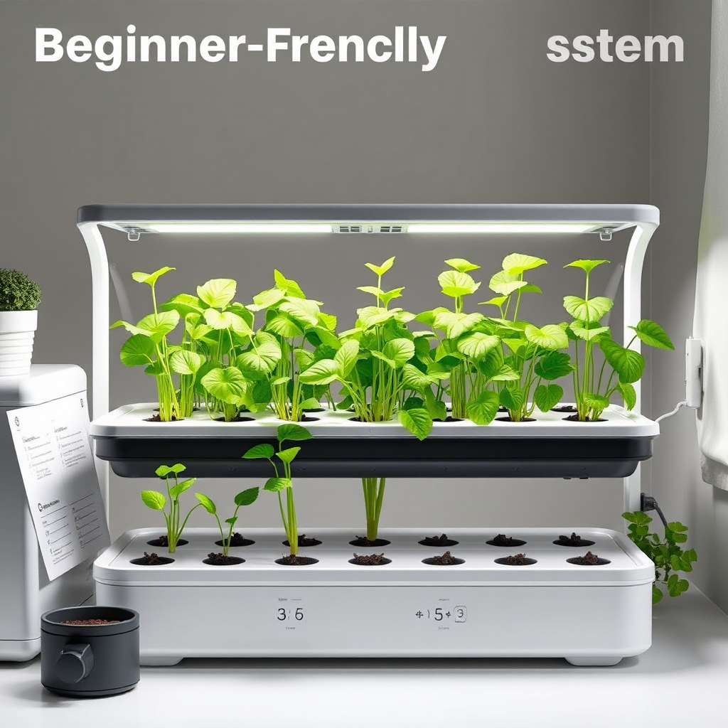 Visualize a beginner-friendly hydroponic system with easy-to-follow instructions and thriving plants. The system should be clean, modern, and visually appealing. Emphasize the simplicity and ease of use. 4k resolution, photorealistic.