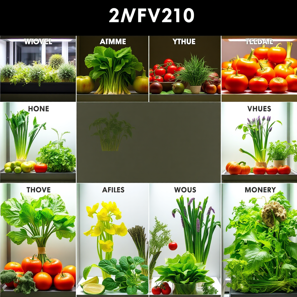 Visualize a calendar showcasing all twelve months of the year, each month displaying different types of vegetables and herbs thriving in EWUGI indoor gardening systems. The image should convey the year-round availability of fresh produce and the versatility of EWUGI. Focus on bright colors and variety. 4k resolution, slightly stylized.