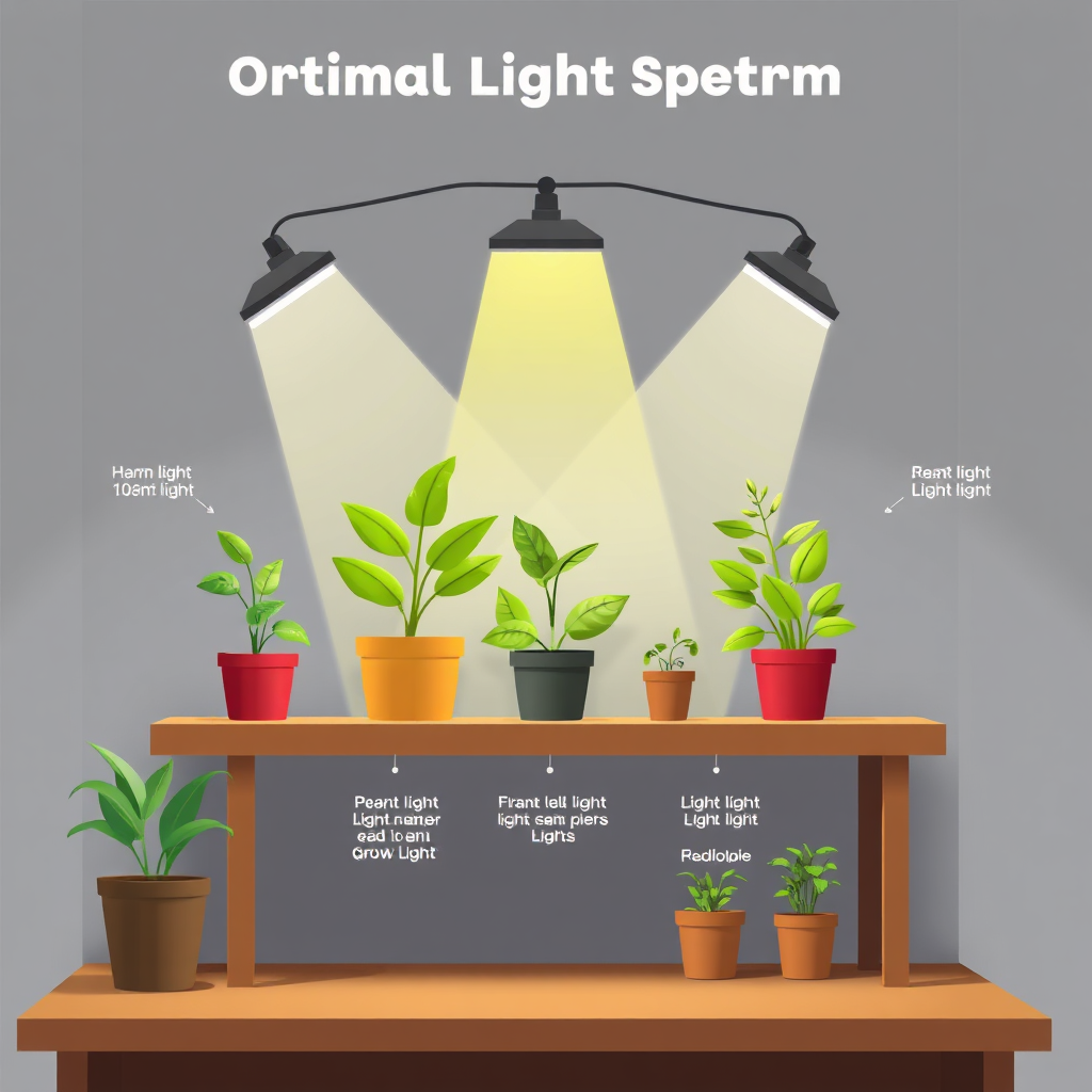 Visualize a diagram illustrating the optimal light spectrum for indoor plant growth, showcasing different light sources (LEDs, grow lights) and their effects on plants. The diagram should be clear, informative, and visually appealing. 4k resolution, slightly stylized.