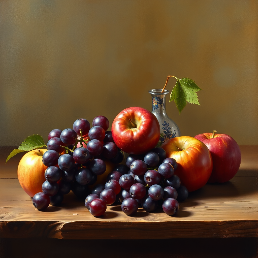 Still life painting of fruits and vase