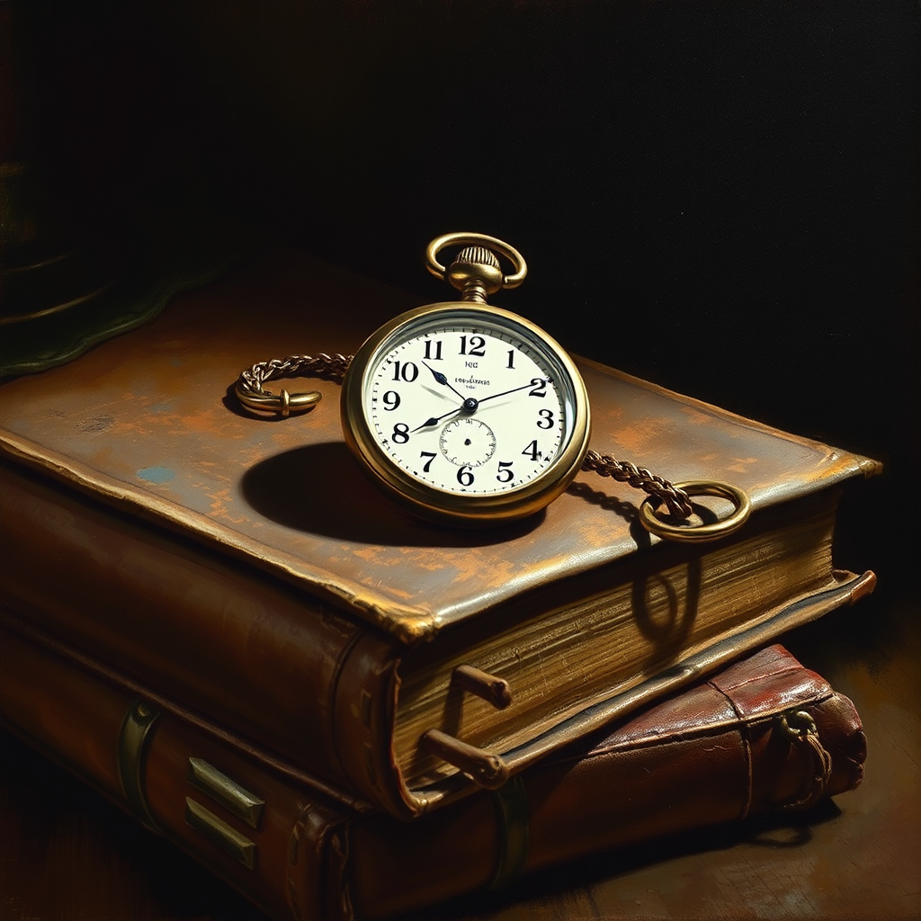 Still life painting of a pocket watch and books