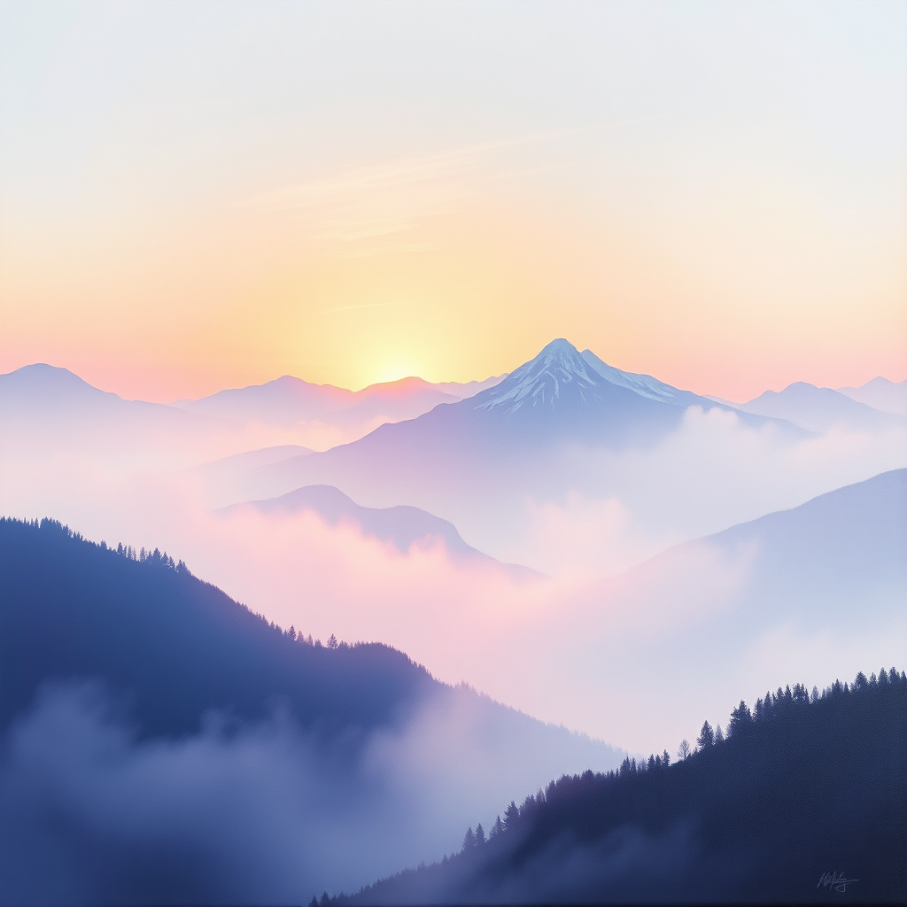 Misty mountain sunrise painting