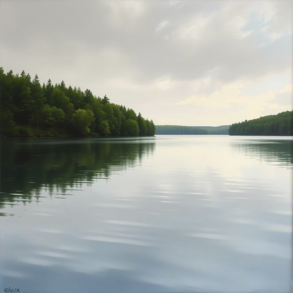 Painting of a calm, reflective lake