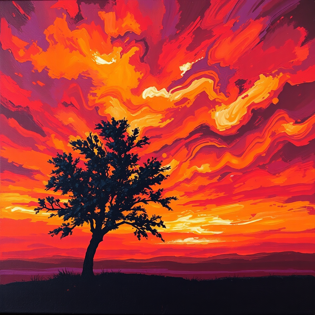 Painting of a solitary tree at sunset