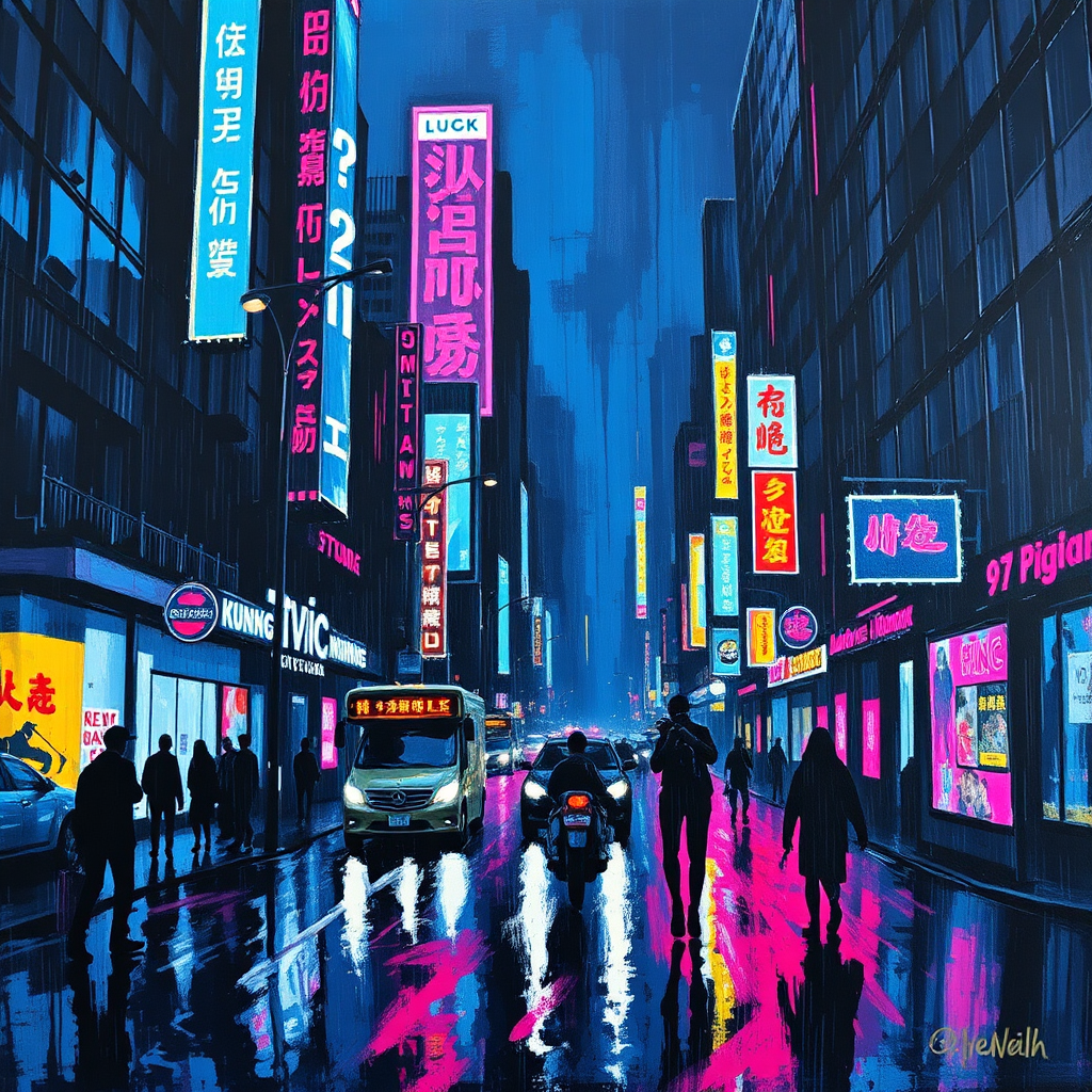 Painting of a vibrant urban cityscape at night