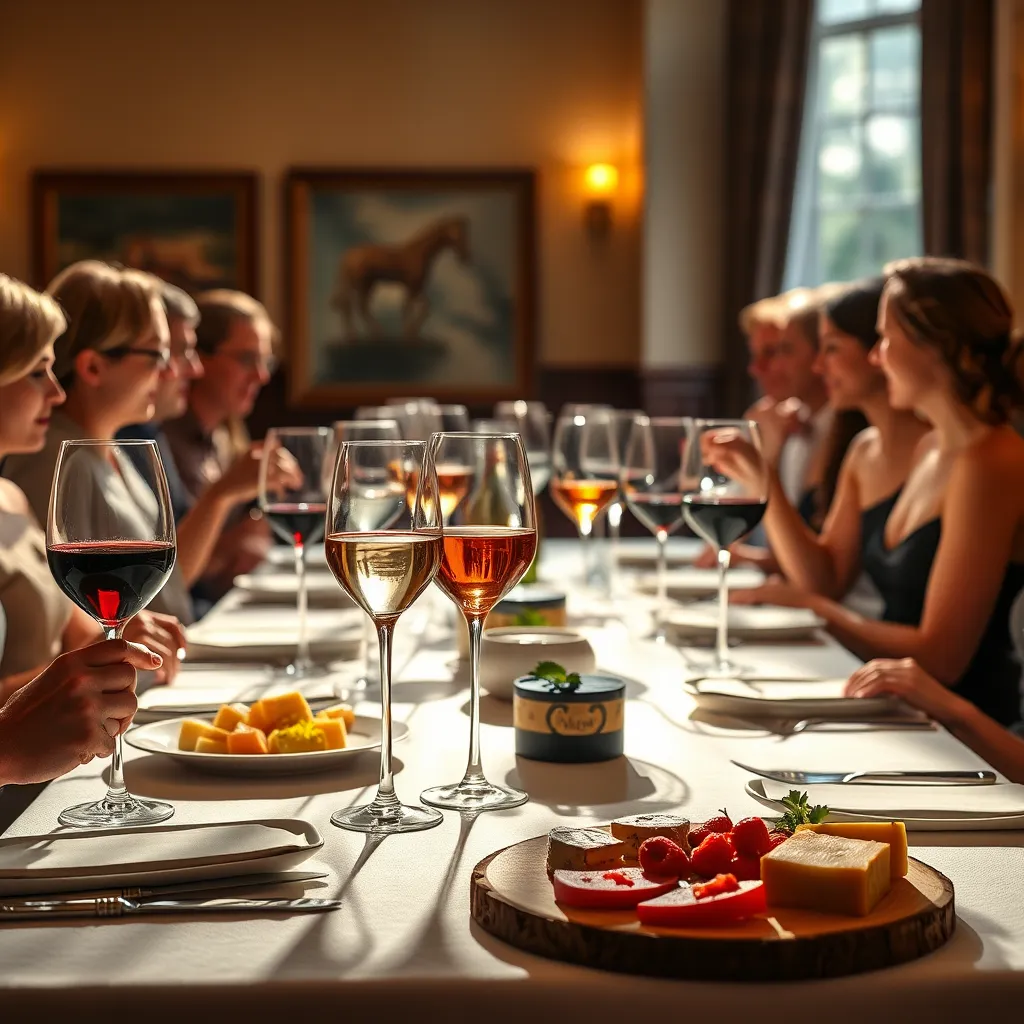 A beautifully lit table set for a wine tasting event, with glasses of red, white, and rosé wine, cheese platters, and a group of people dressed in elegant attire enjoying the experience, shot in a warm and inviting setting with natural light streaming in from a window.