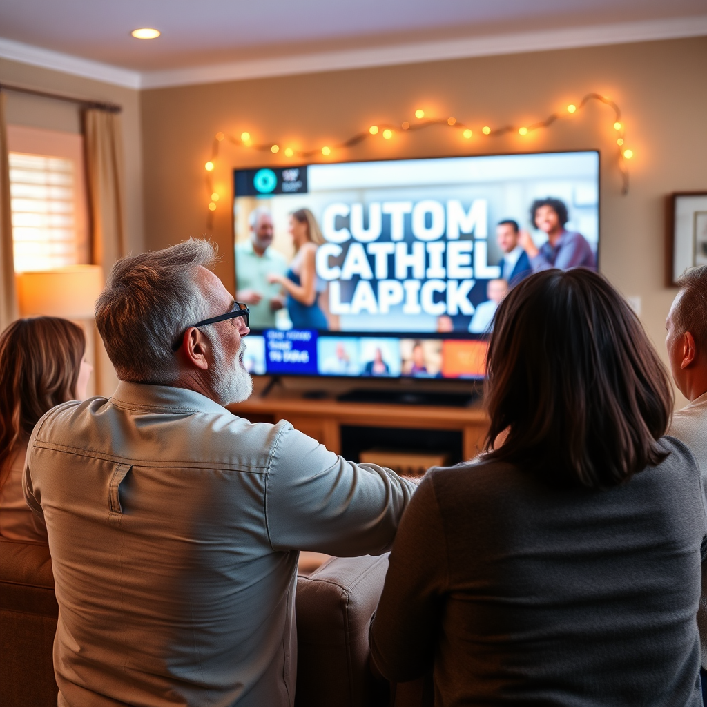 A captivating image of a business owner proudly watching their custom channel launch on a large TV, with family and friends gathered around. The setting is a home viewing party, radiating warmth and celebration. The lighting is soft and welcoming, creating an inviting atmosphere. The color palette includes warm tones to enhance the sense of belonging and pride. The camera angle captures the joy on the faces of onlookers, emphasizing community. Technical specs: high quality, photorealistic.