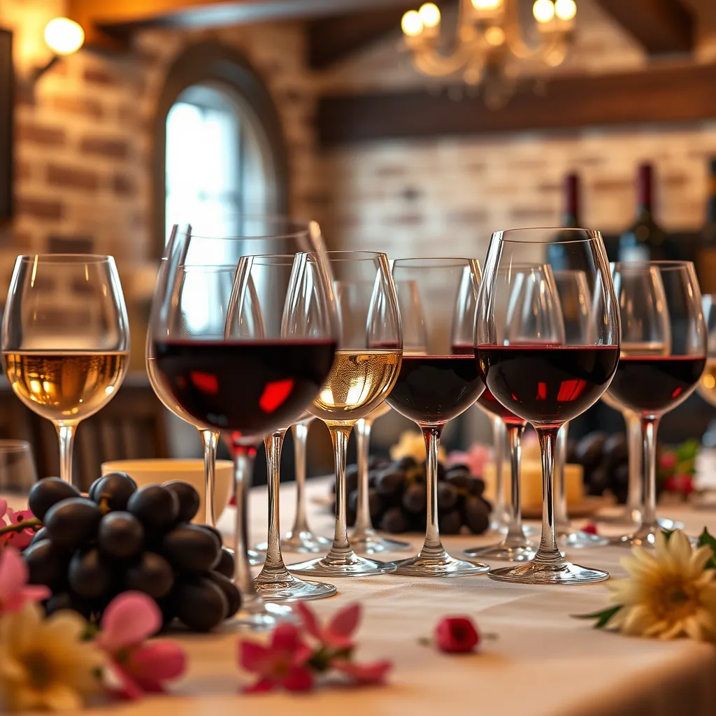 A close-up, detailed image of a wine tasting event. The focus should be on a table with various glasses of wine, each with a different color and hue. The glasses should be arranged aesthetically, with a variety of grapes and wine accessories on the table. The lighting should be soft and warm, with a hint of natural light from a nearby window. The background should be a rustic, elegant setting, perhaps with a brick wall or wooden beams. The table should be covered with a white tablecloth and adorned with fresh flowers. The image should capture the rich textures and colors of the wine and accessories. The overall style should be elegant and sophisticated, with a focus on fine detail and rich color. The image should be rendered in 8K resolution, with hyperrealistic detail, and in the style of a still life photographer.