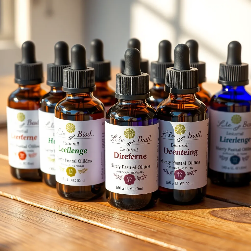 A close-up, photorealistic image of a selection of essential oil bottles. The bottles are beautifully arranged on a wooden surface, with the natural light casting warm shadows. Each bottle features a distinct label with a calming color and design, emphasizing the natural and therapeutic properties of the oils.
