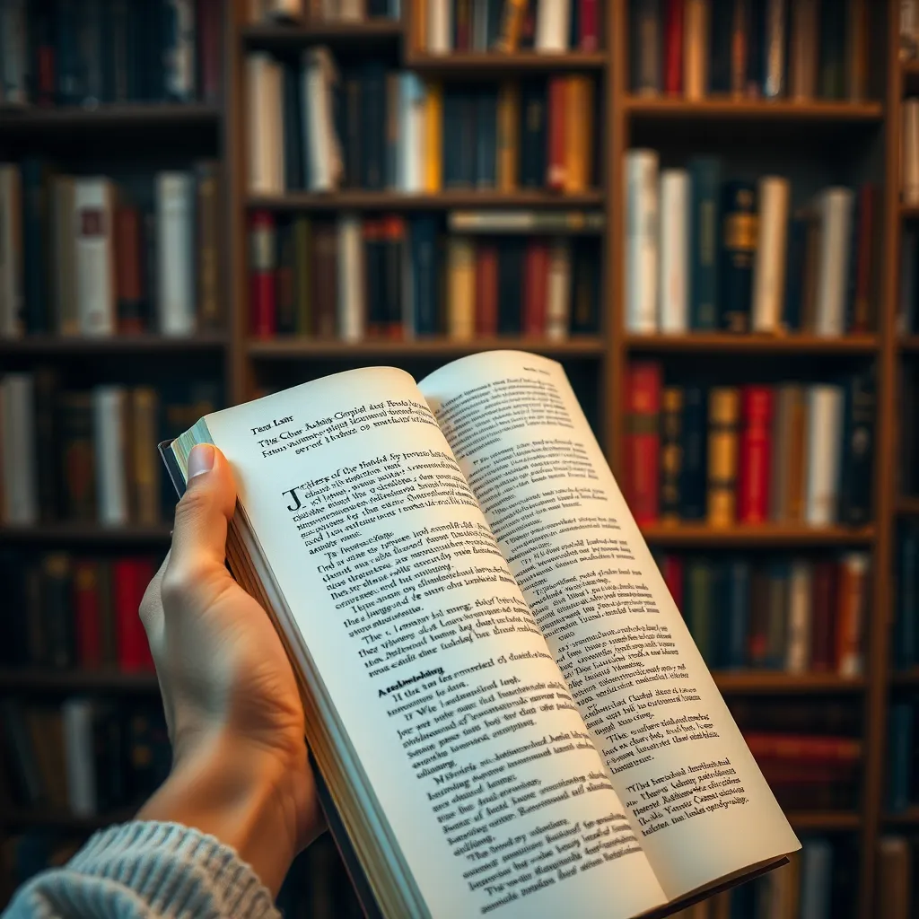 A close-up shot of a person's hand holding a book open to a page filled with captivating text. The background should be a blurred image of a bookshelf filled with various books, creating an atmosphere of literary immersion.